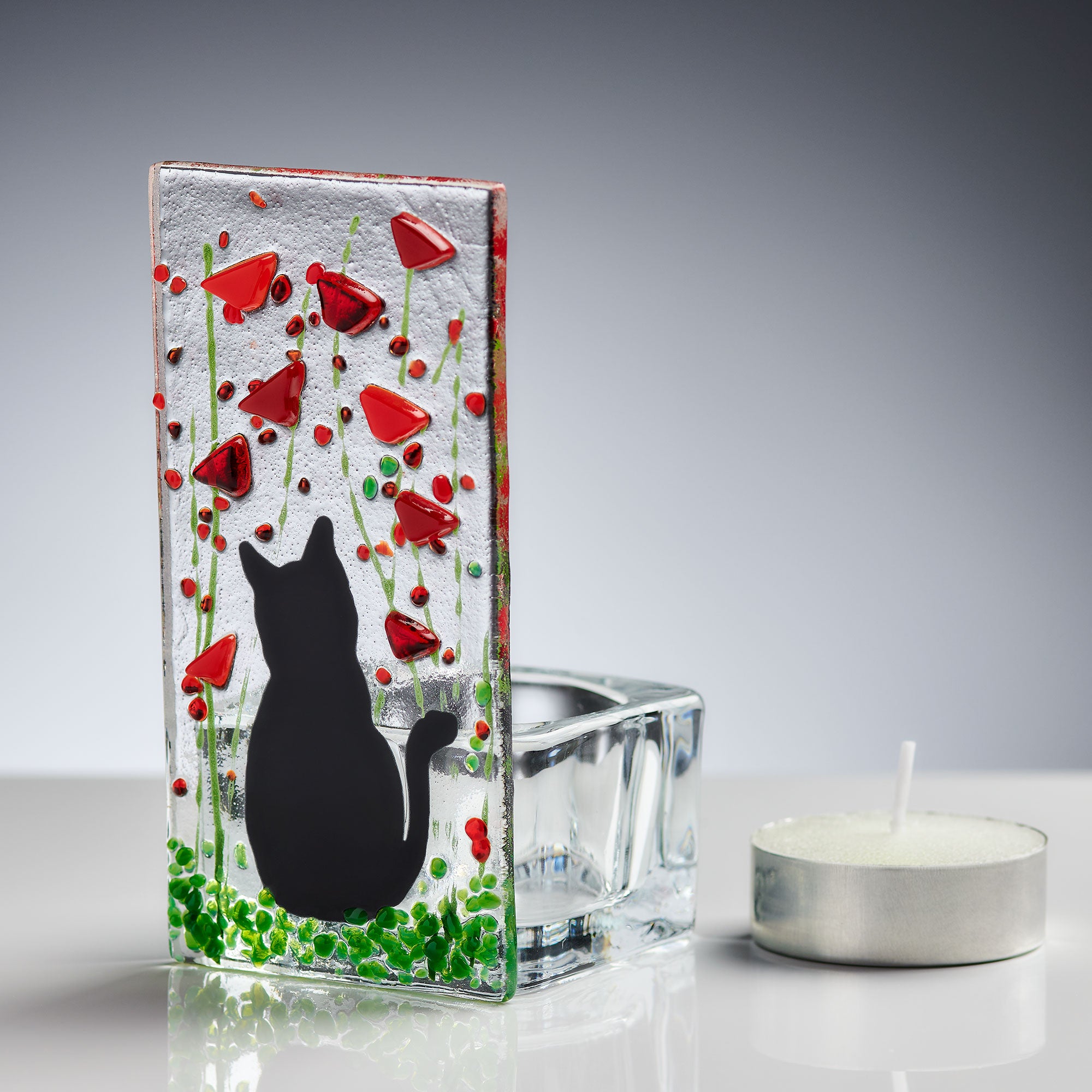 Fused Glass Tea Light Holder – Cat & Poppy Design (Handmade)