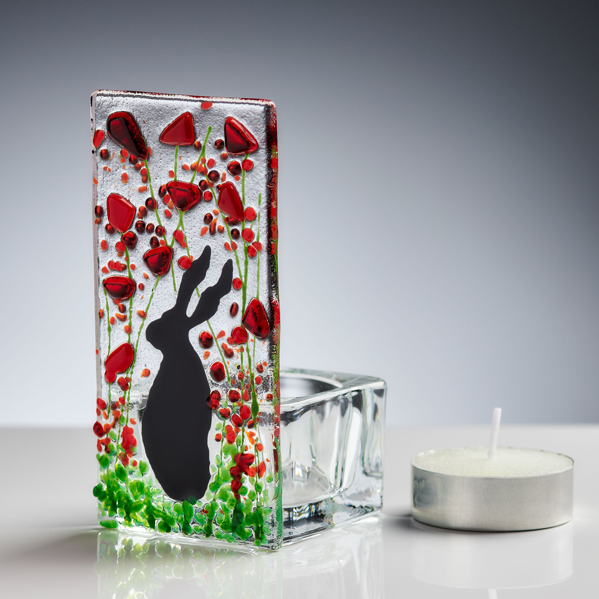 Fused Glass Tea Light Holder – Hare & Poppy Design (Handmade)