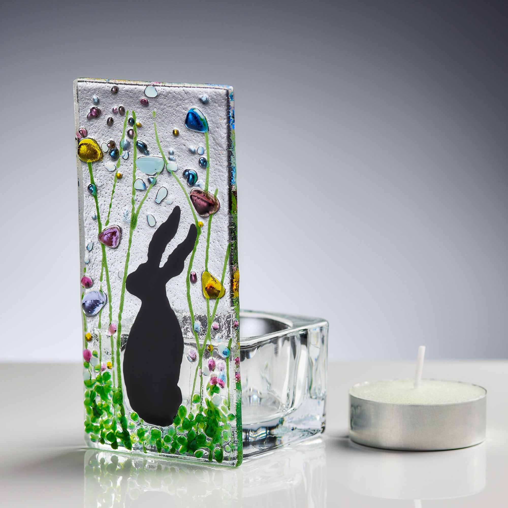 Handmade Fused Glass - Tea Light Holder - Hare - Summer Meadow