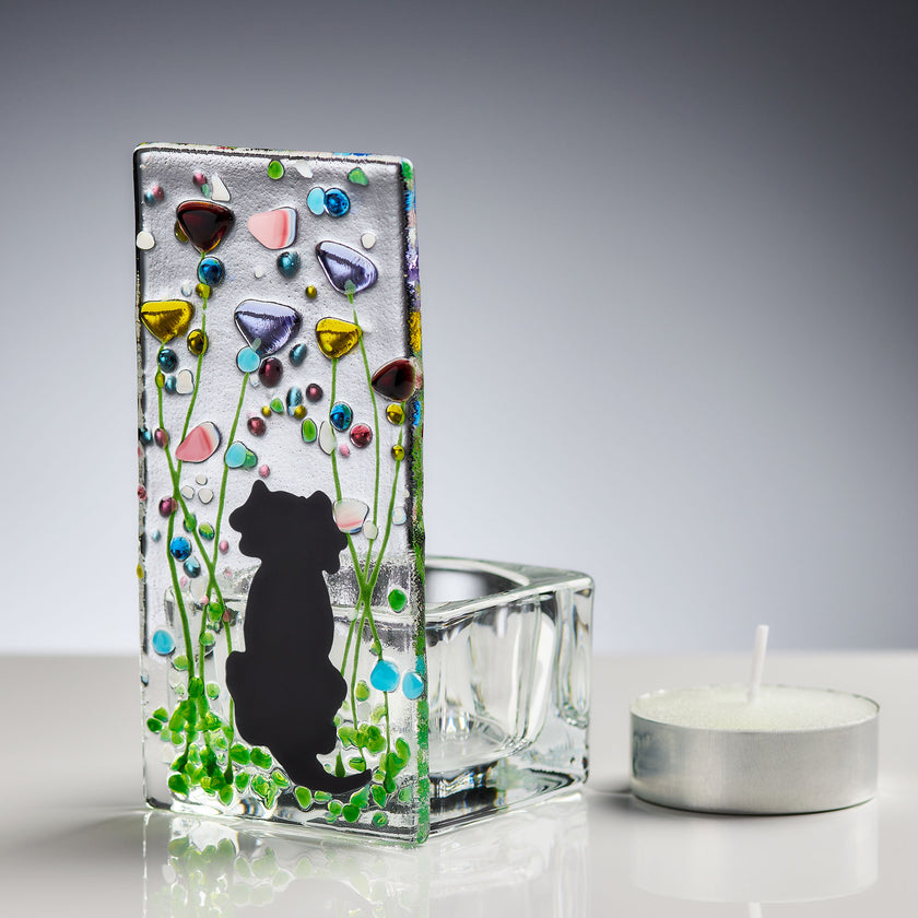 Fused Glass Tea Light Holder – Dog & Summer Meadow Design (Handmade)