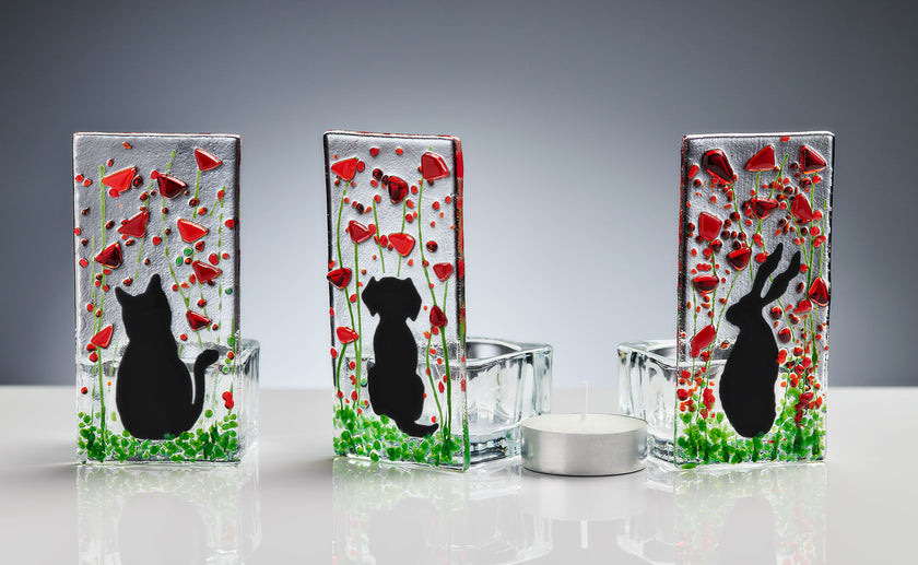 Fused Glass Tea Light Holder – Cat & Poppy Design (Handmade)
