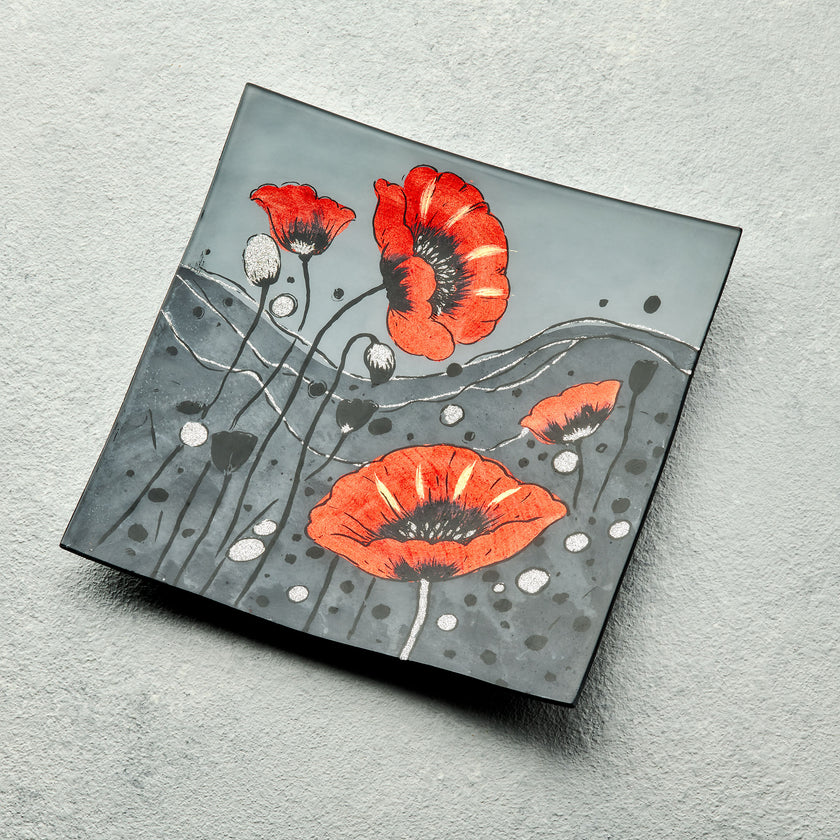 Square Glass Plate – Wild Poppy Design (Handmade Decorative Tableware)