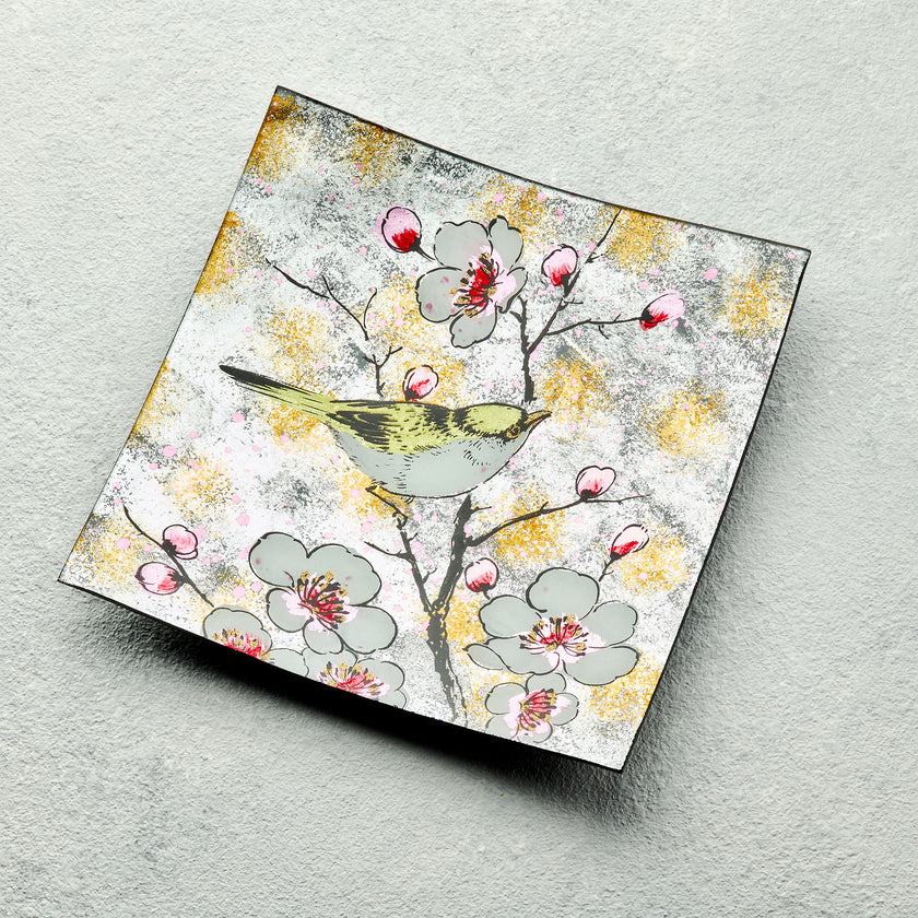 Square Glass Plate – Bird Song Design (Handmade Decorative Tableware)