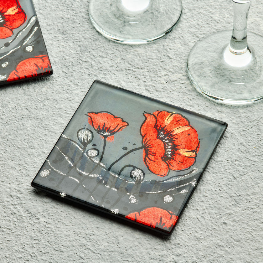 Set of 4 Glass Coasters – Wild Poppy Design (Handmade Fused Glass)