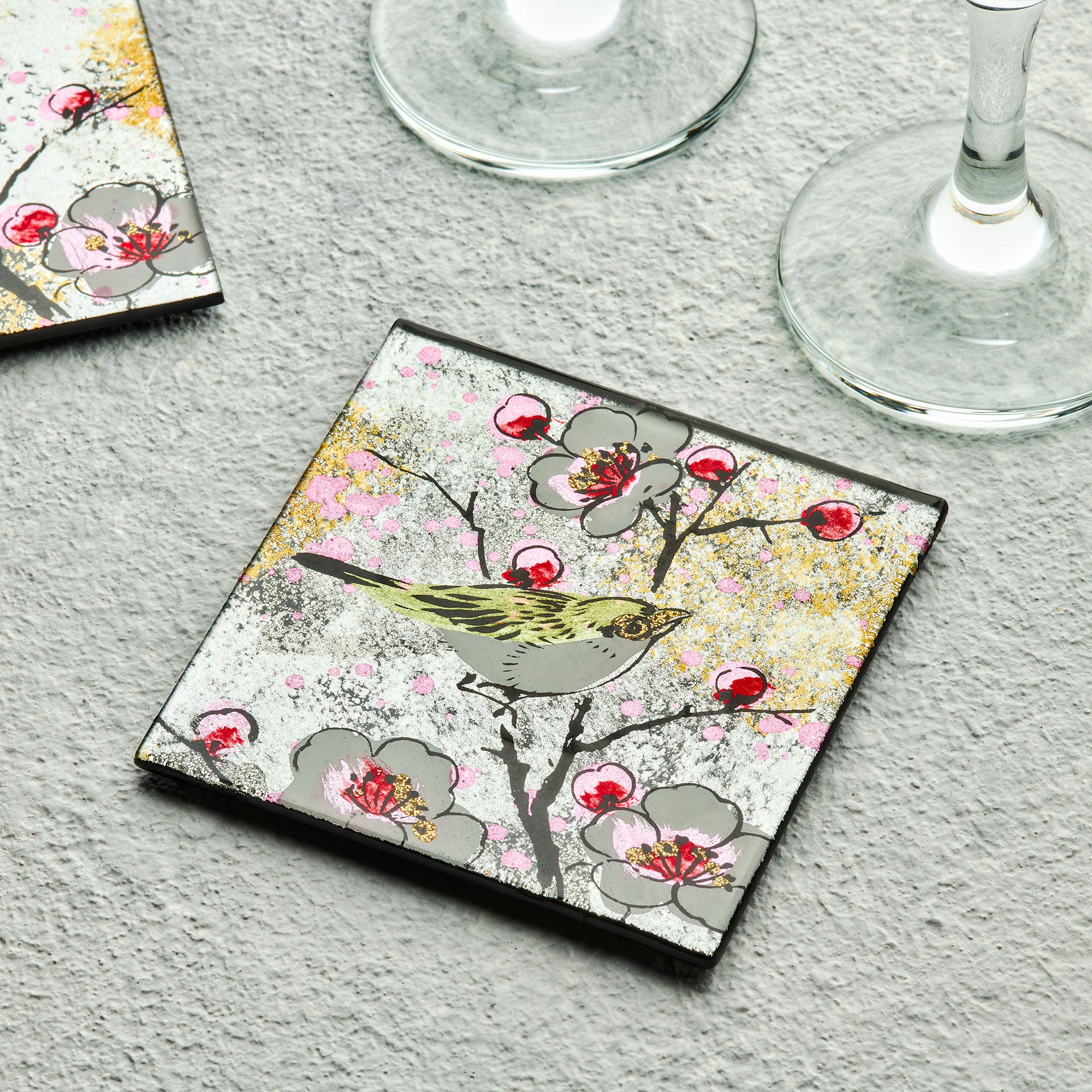 Set of 4 Glass Coasters – Bird Song Design (Handmade Fused Glass)