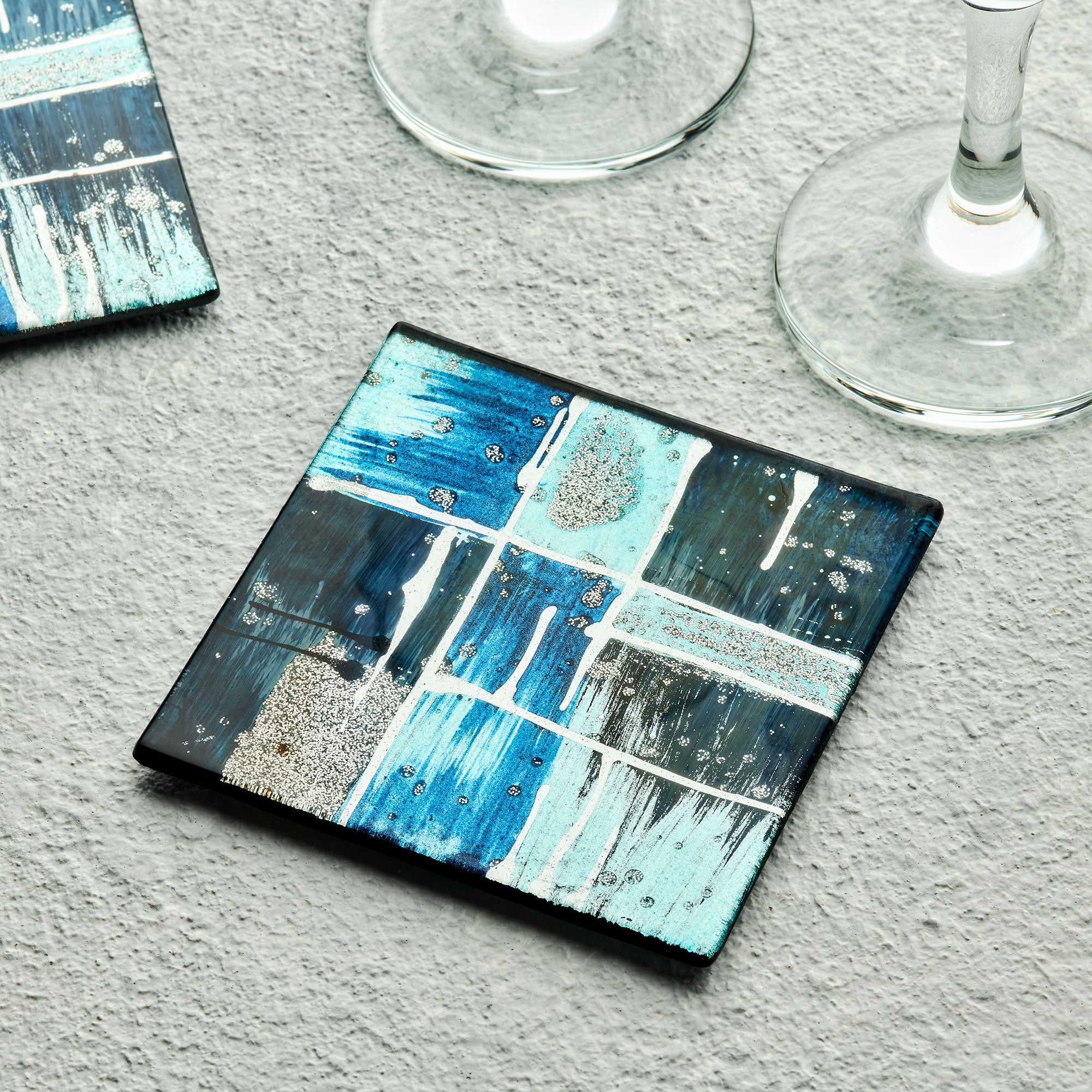Set of 4 Glass Coasters – Piazza Blue (Handmade Fused Glass)