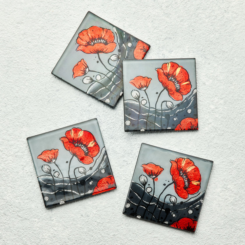 Set of 4 Glass Coasters – Wild Poppy Design (Handmade Fused Glass)
