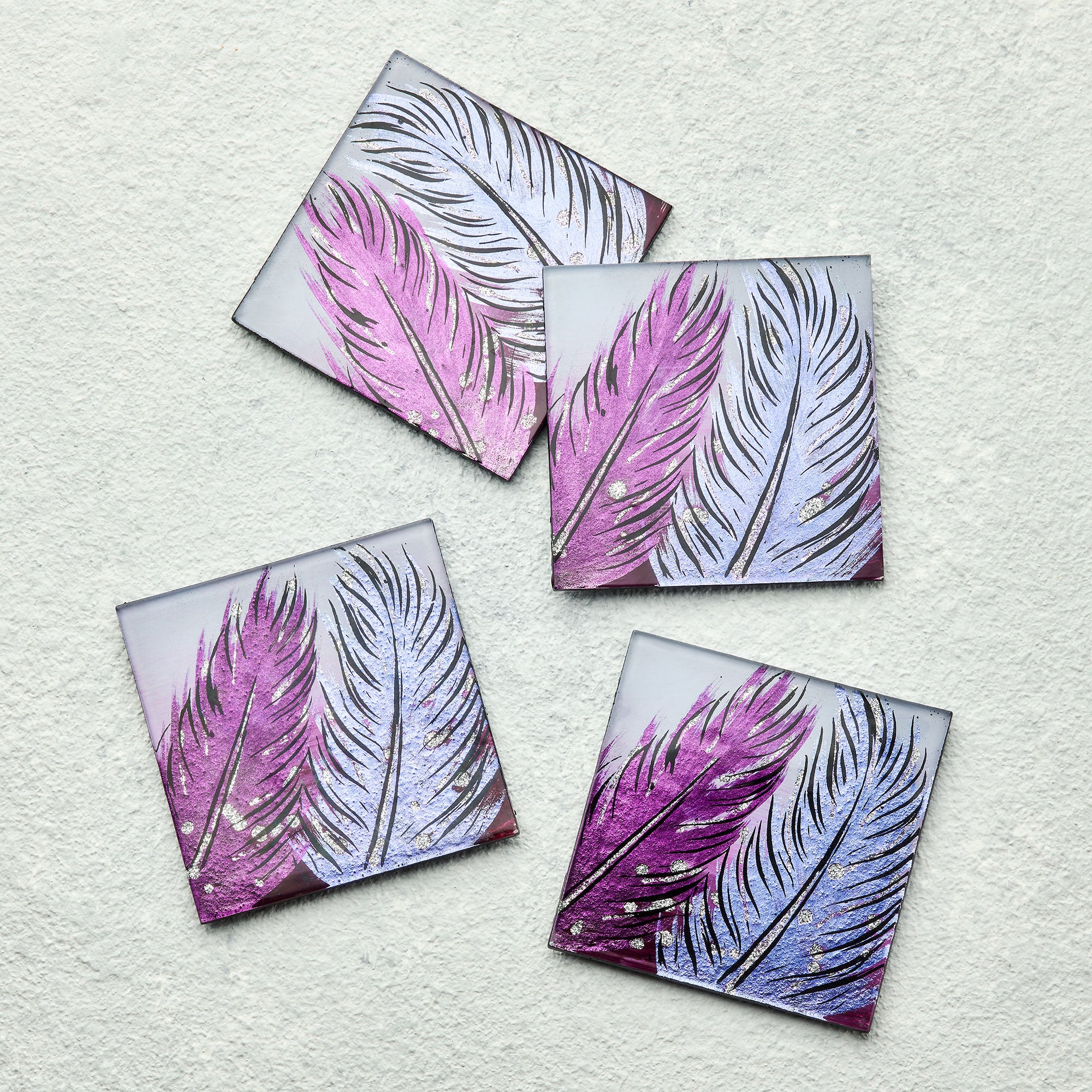 Set of 4 Glass Coasters – Whispering Feather Violet (Handmade Fused Glass)