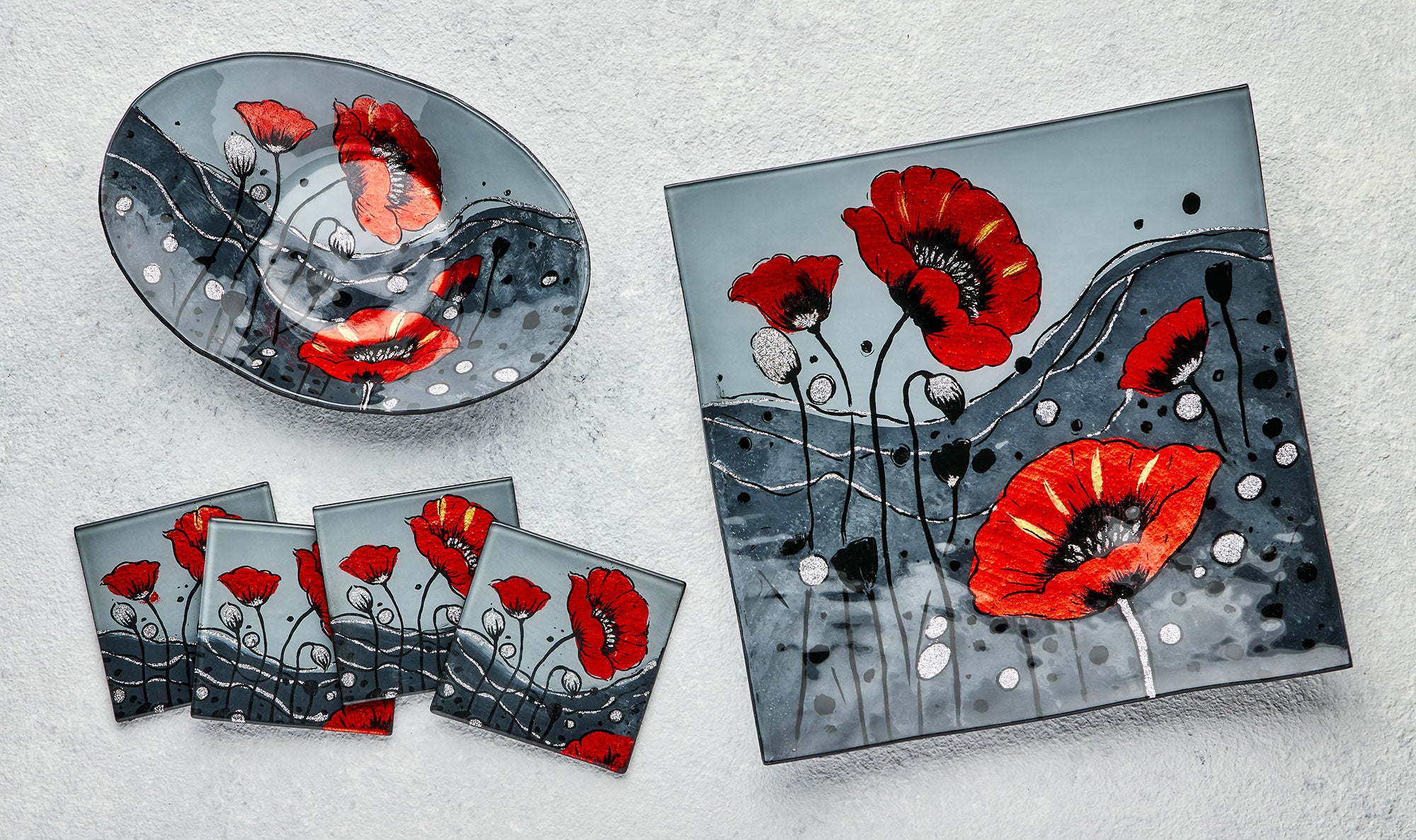 Square Glass Plate – Wild Poppy Design (Handmade Decorative Tableware)