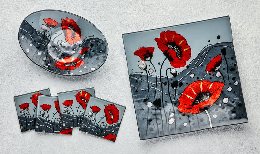 Square Glass Plate – Wild Poppy Design (Handmade Decorative Tableware)