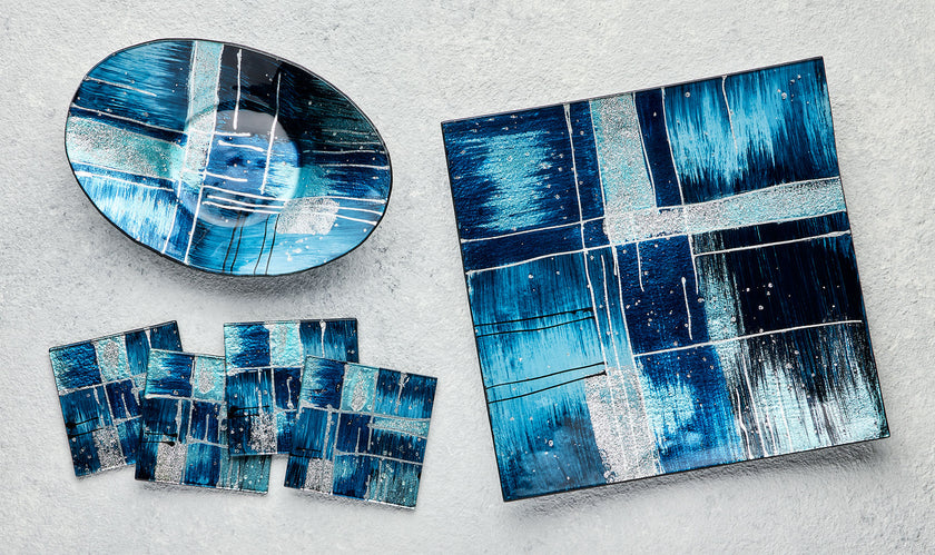 Square Glass Plate – Piazza Blue (Handmade Decorative Tableware)