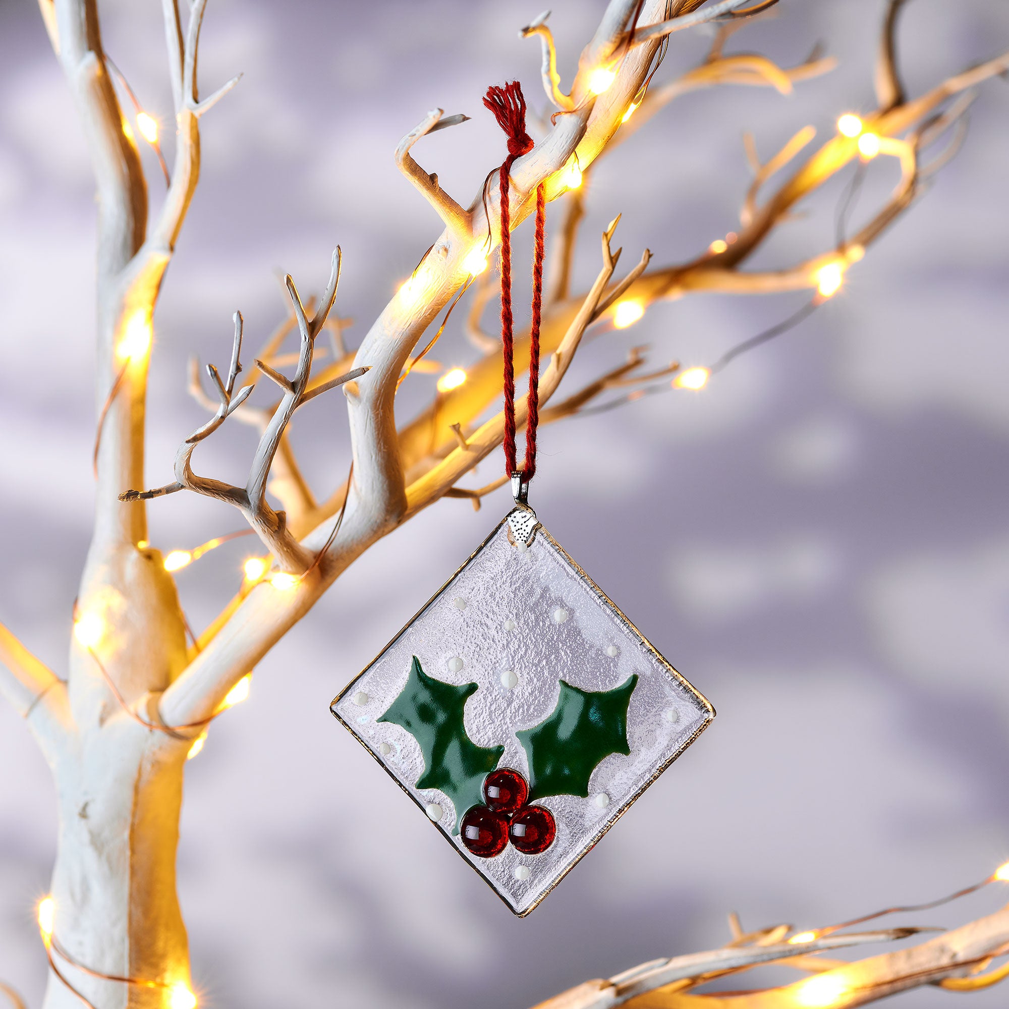 Handmade Fused Glass Hanging Ornament – Holly Design