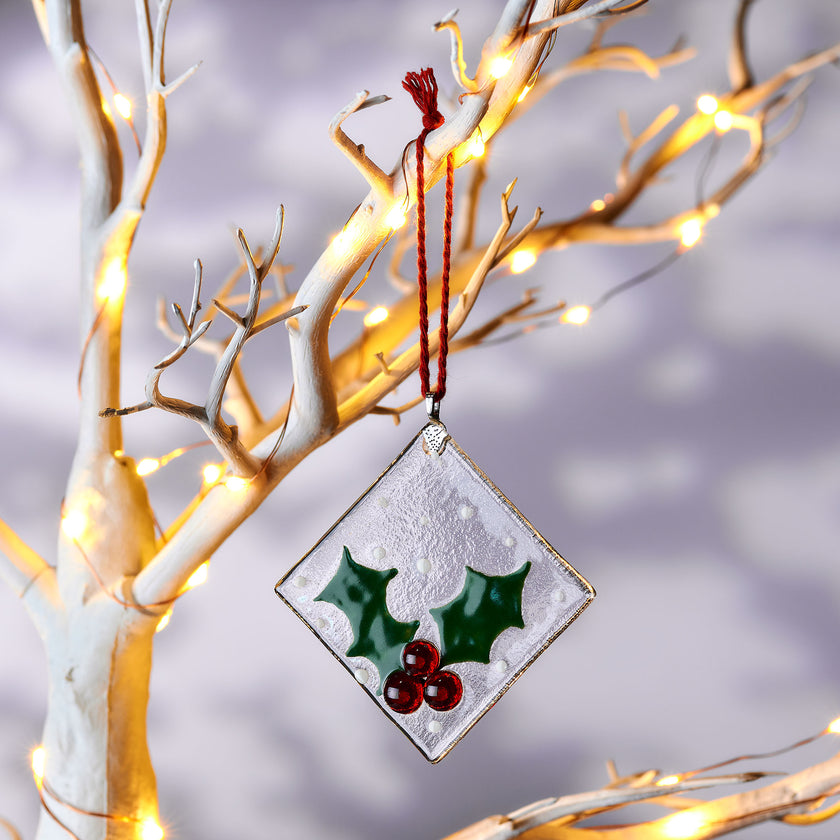 Handmade Fused Glass Hanging Ornament – Holly Design