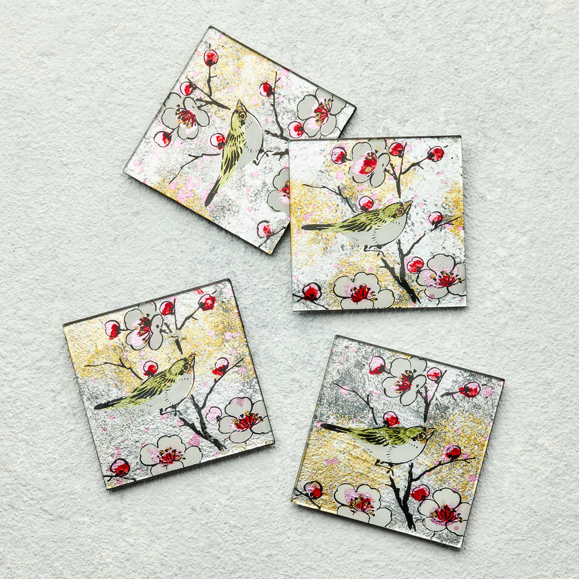 Set of 4 Glass Coasters – Bird Song Design (Handmade Fused Glass)