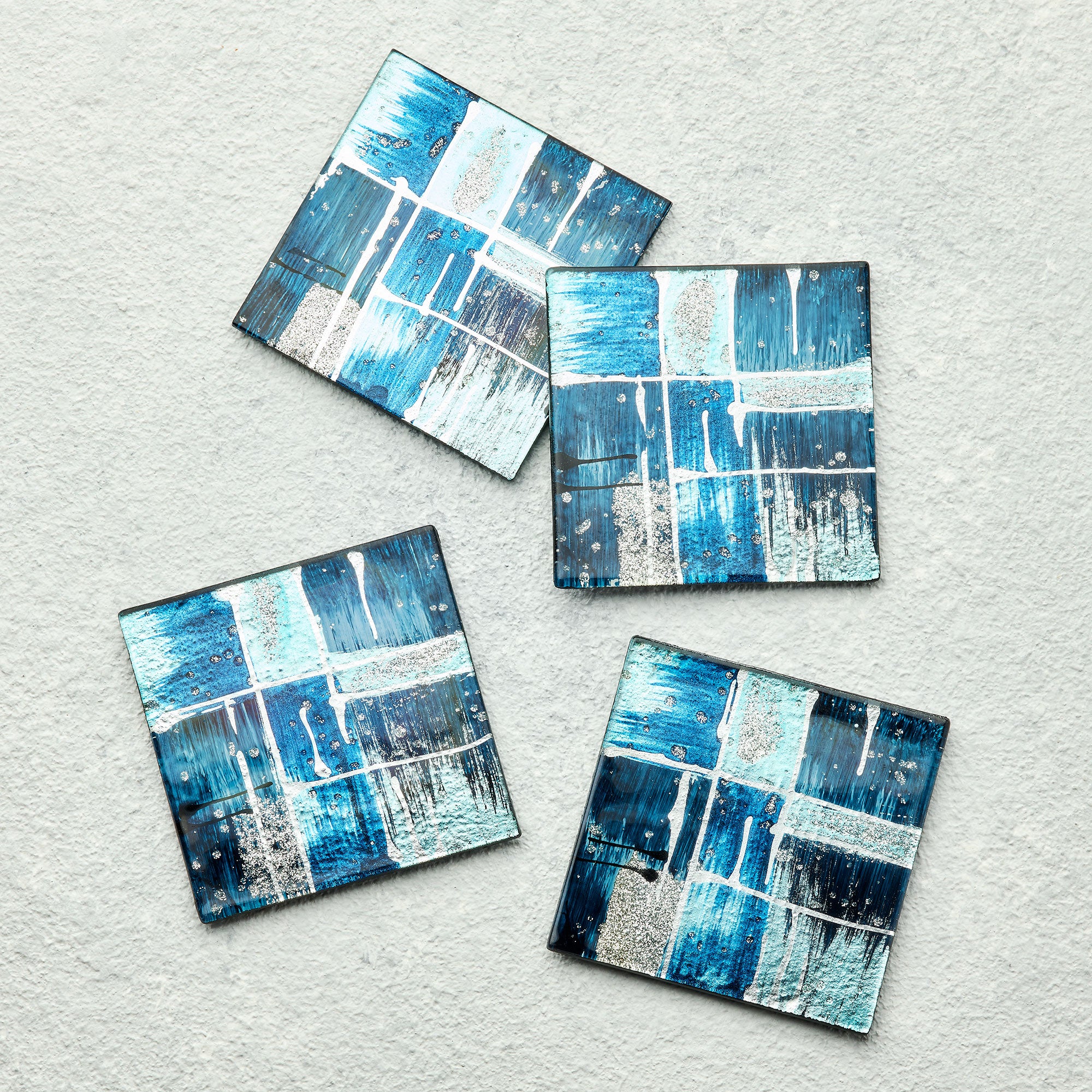 Set of 4 Glass Coasters – Piazza Blue (Handmade Fused Glass)