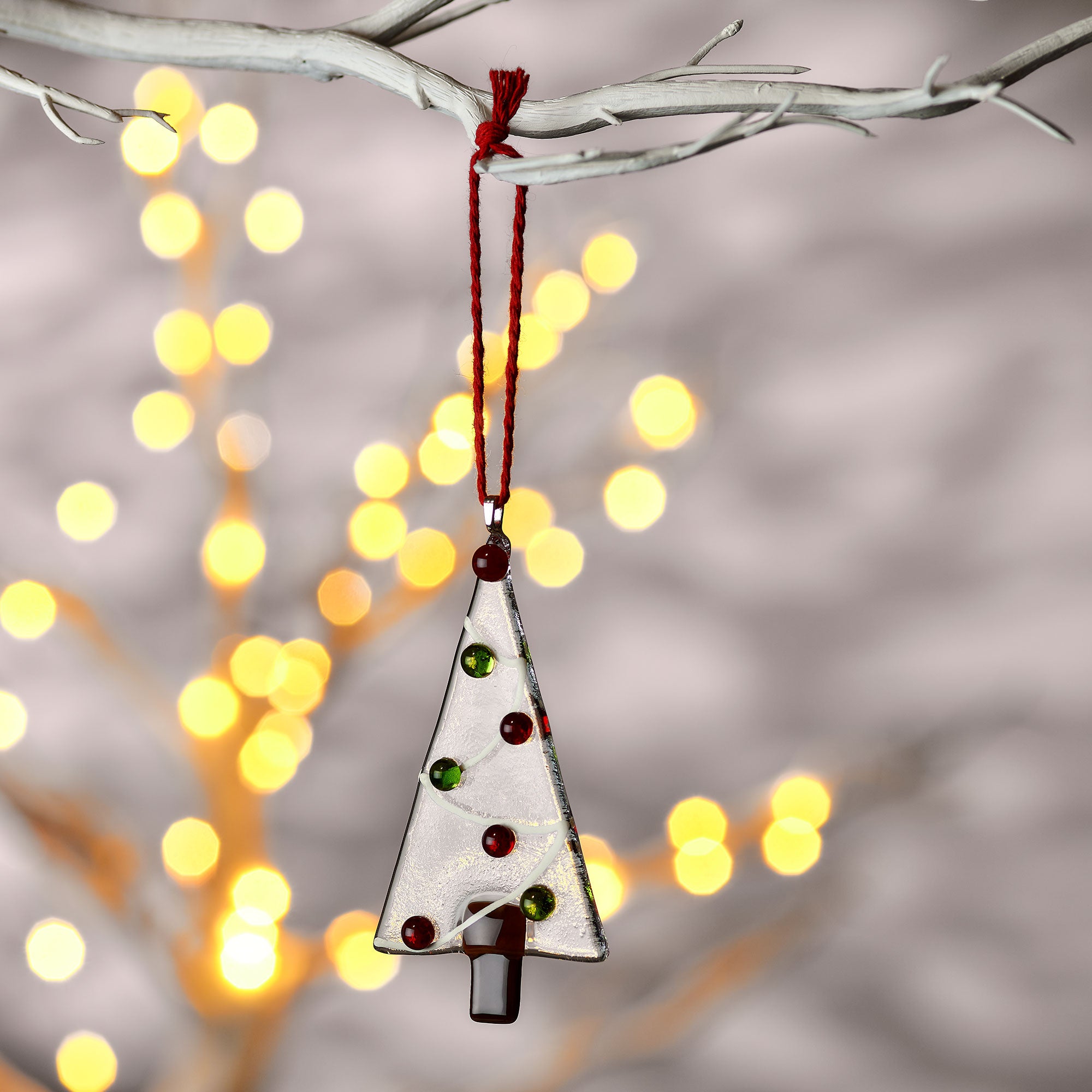 Handmade Fused Glass - Hanging Tree Ornament - Red & Green