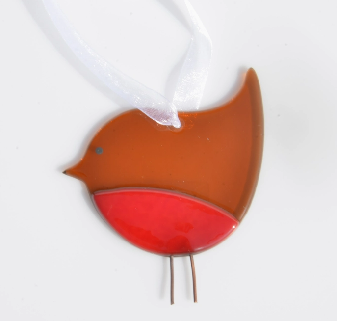 Handmade Fused Glass - Christmas Tree Ornament - Robin