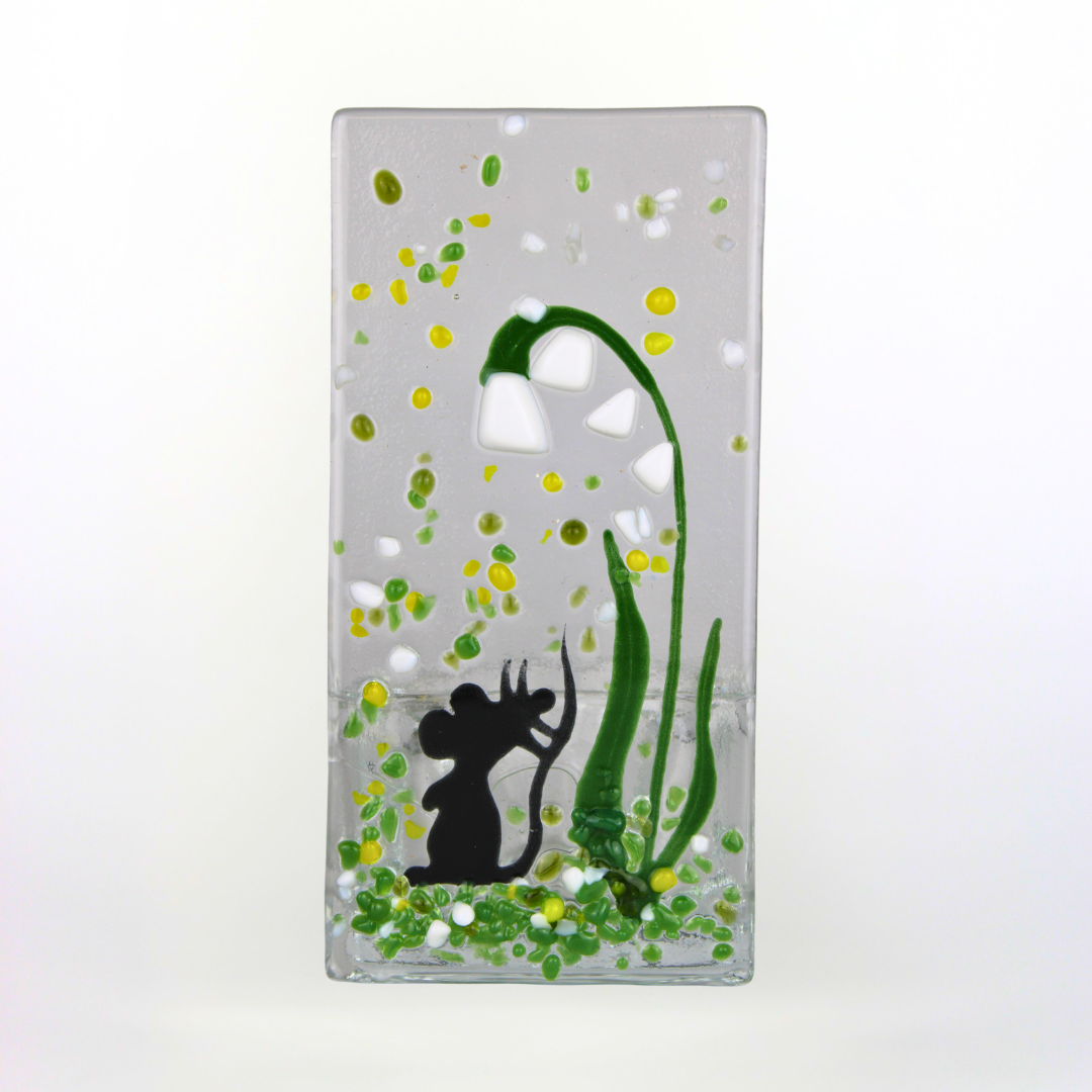 Handmade Fused Glass - Tea Light Holder - Field Mouse - Snowdrop