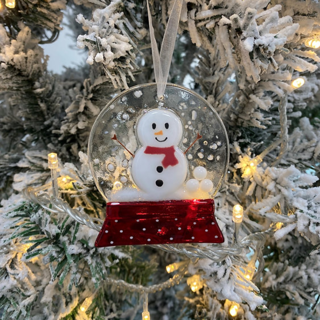 Handmade Fused Glass - Christmas Tree Ornament - Snowman Snow Globe