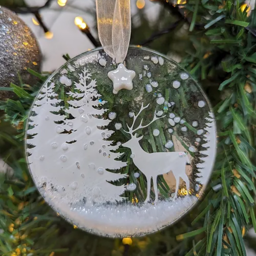 Handmade Fused Glass - Christmas Tree Ornament - Stag in the Forest