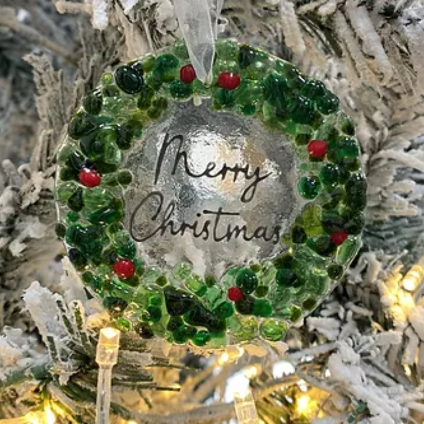 Handmade Fused Glass Christmas Tree Ornament – Wreath & Merry Christmas Design