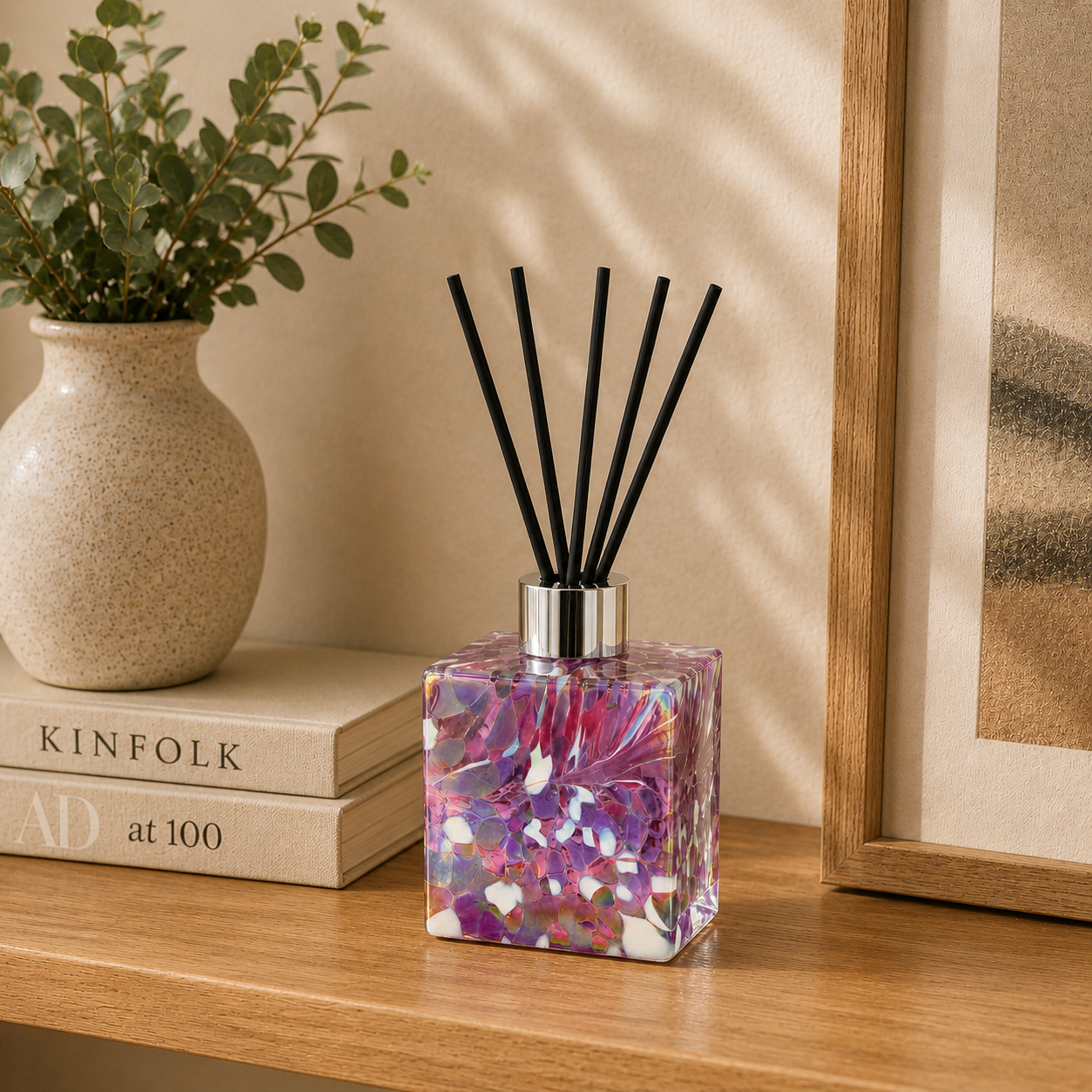 Violet Square Reed Diffuser – Handcrafted Glass Bottle (No Oil)