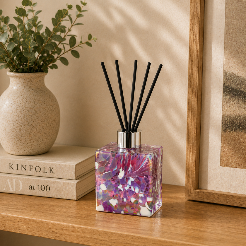 Violet Square Reed Diffuser – Handcrafted Glass Bottle (No Oil)
