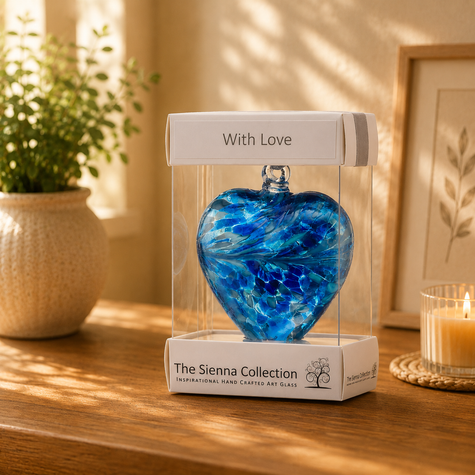 8cm Friendship Heart – With Love (Blue, Handmade Glass Keepsake)