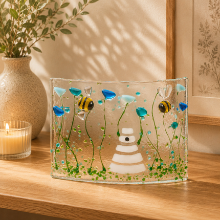 Fused Glass Curve – Bumble Bee & Forget Me Not Flowers (Handmade)