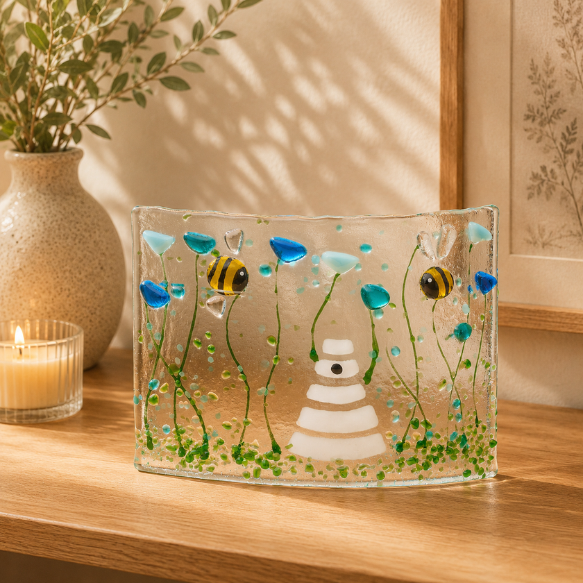 Fused Glass Curve – Bumble Bee & Forget Me Not Flowers (Handmade)