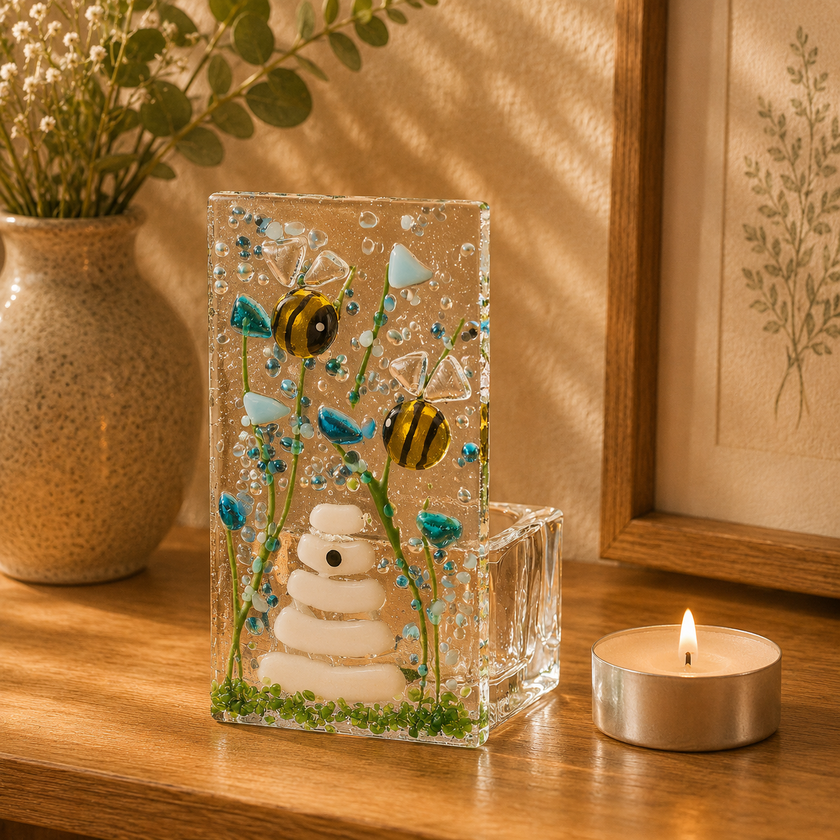 Handmade Fused Glass - Tea Light Holder - Bumble Bee - Forget Me Not