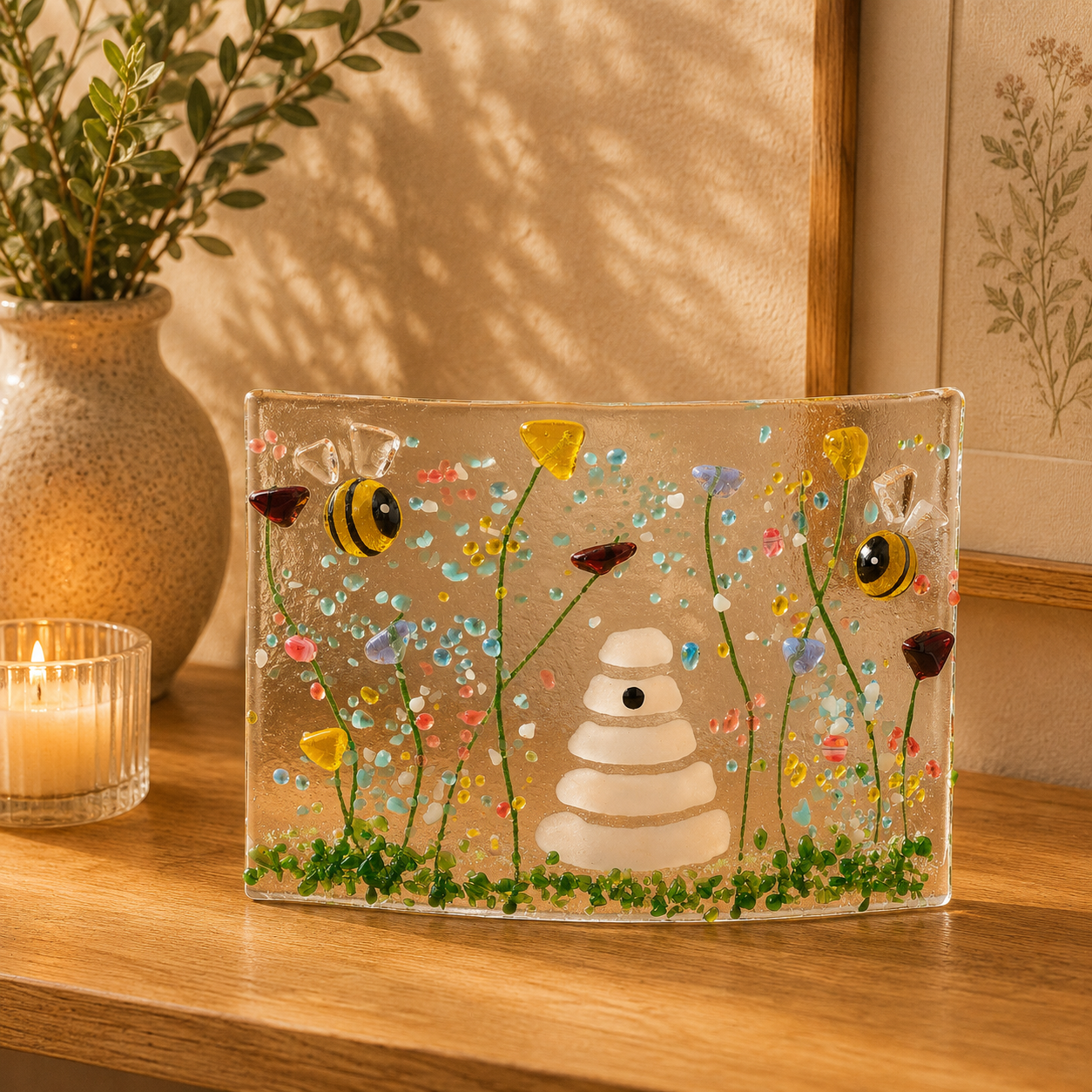 Fused Glass Curve – Bumble Bee in Summer Meadow (Handmade)