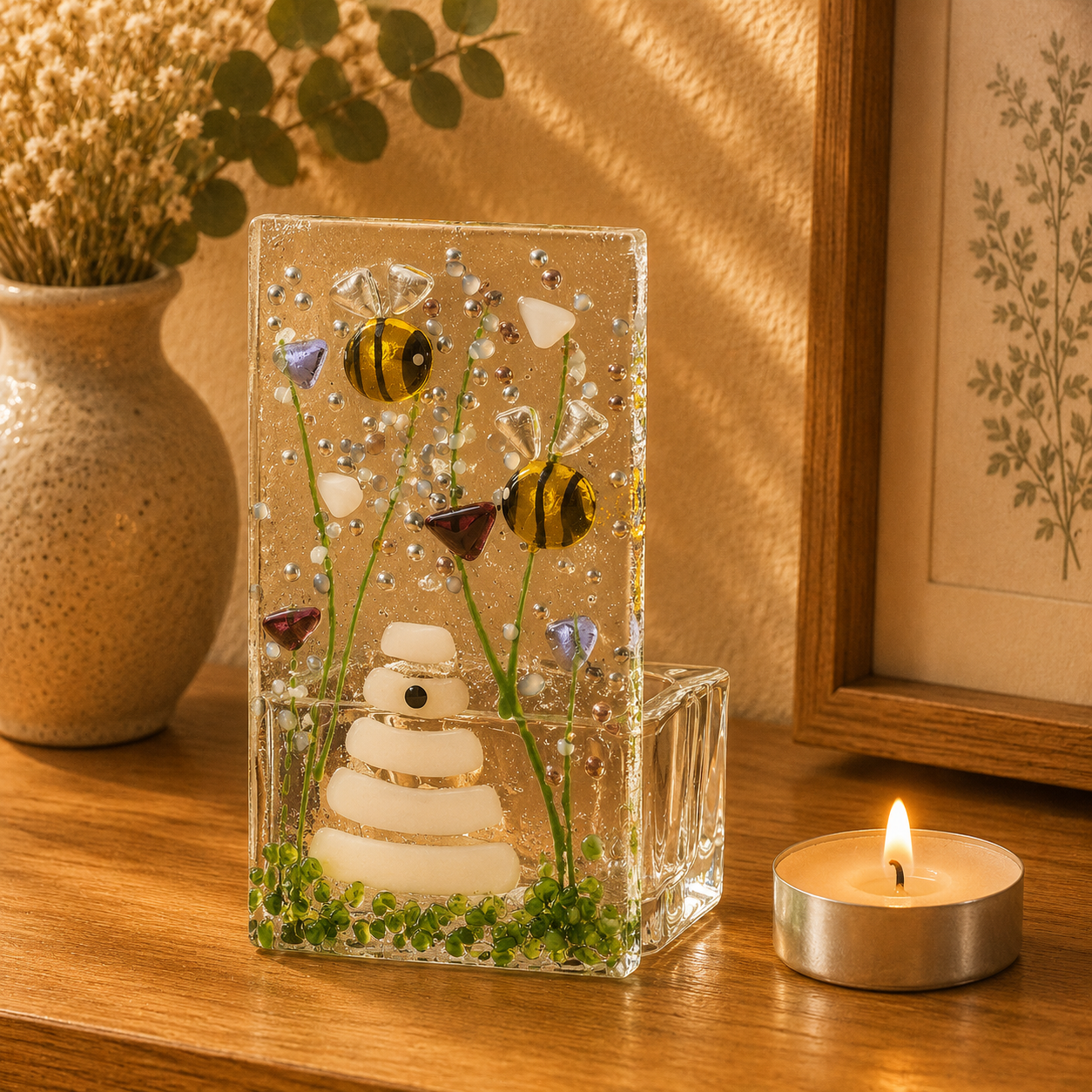 Fused Glass Tea Light Holder – Bumble Bee & Violet Flowers (Handmade)