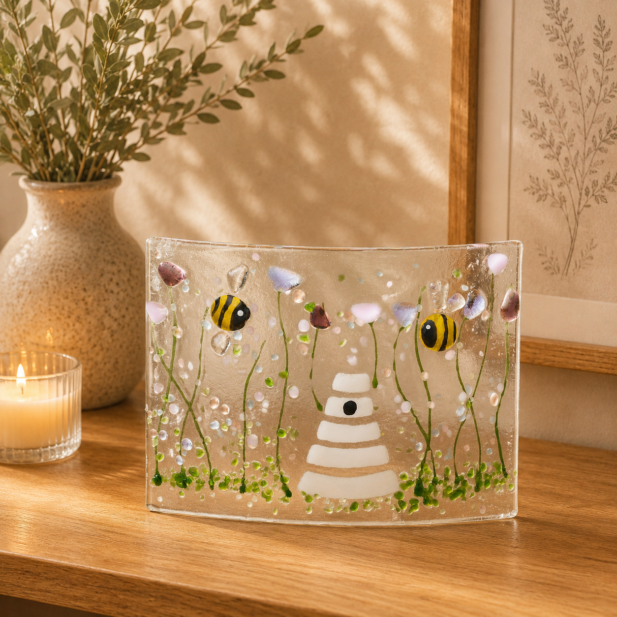Fused Glass Curve – Bumble Bee & Violet Flowers (Handmade)