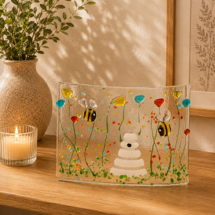 Fused Glass Curve – Bumble Bee & Wildflowers (Handmade)