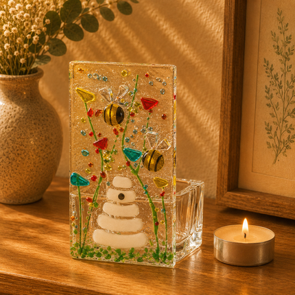 Fused Glass Tea Light Holder – Bumble Bee & Wildflowers (Handmade)