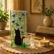Fused Glass Tea Light Holder – Cat & Forget Me Not Design (Handmade)