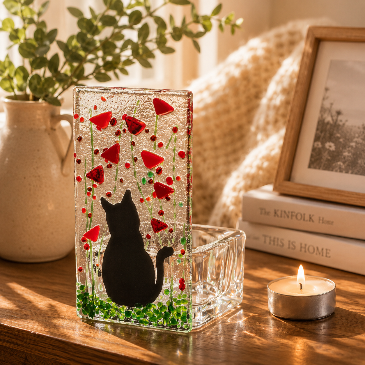 Fused Glass Tea Light Holder – Cat & Poppy Design (Handmade)