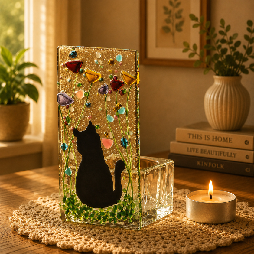 Fused Glass Tea Light Holder – Cat & Summer Meadow Design (Handmade)