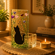 Fused Glass Tea Light Holder – Cat & Violet Design (Handmade)