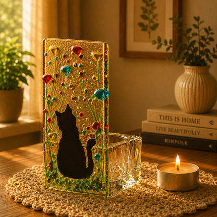 Fused Glass Tea Light Holder – Cat & Wildflower Design (Handmade)