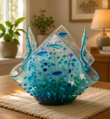 Handmade Fused Glass Tealight Holder – Cornflower Design (Small)