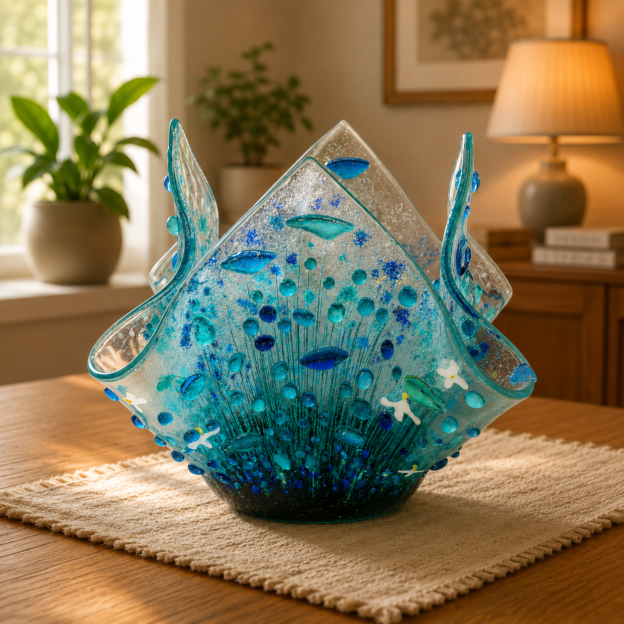 Handmade Fused Glass Tealight Holder – Cornflower Design (Small)