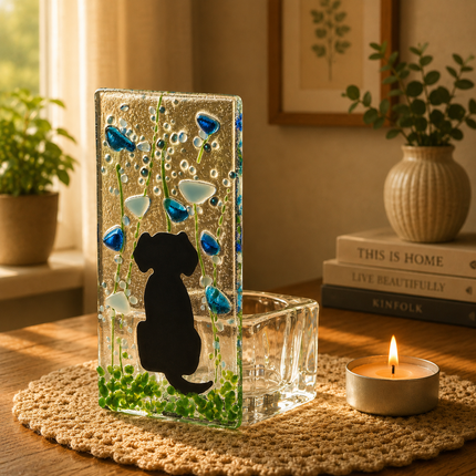 Fused Glass Tea Light Holder – Dog & Forget Me Not Design (Handmade)