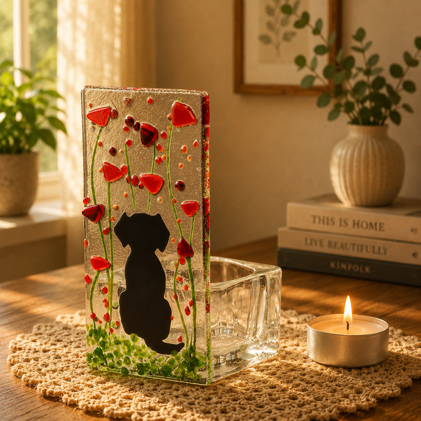 Fused Glass Tea Light Holder – Dog & Poppy Design (Handmade)