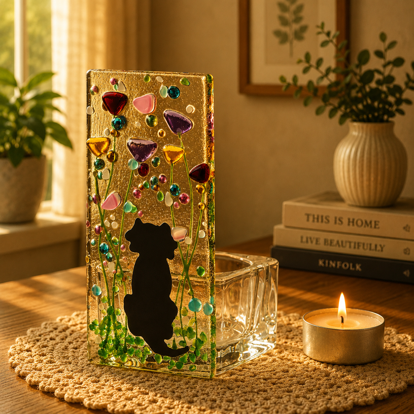 Fused Glass Tea Light Holder – Dog & Summer Meadow Design (Handmade)