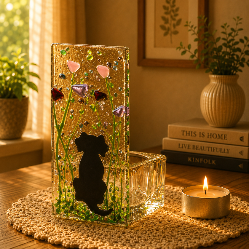 Fused Glass Tea Light Holder – Dog & Violet Design (Handmade)