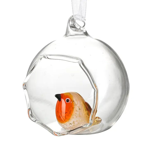 Glass Robin in Globe Hanging Decoration – Handcrafted Christmas Ornament