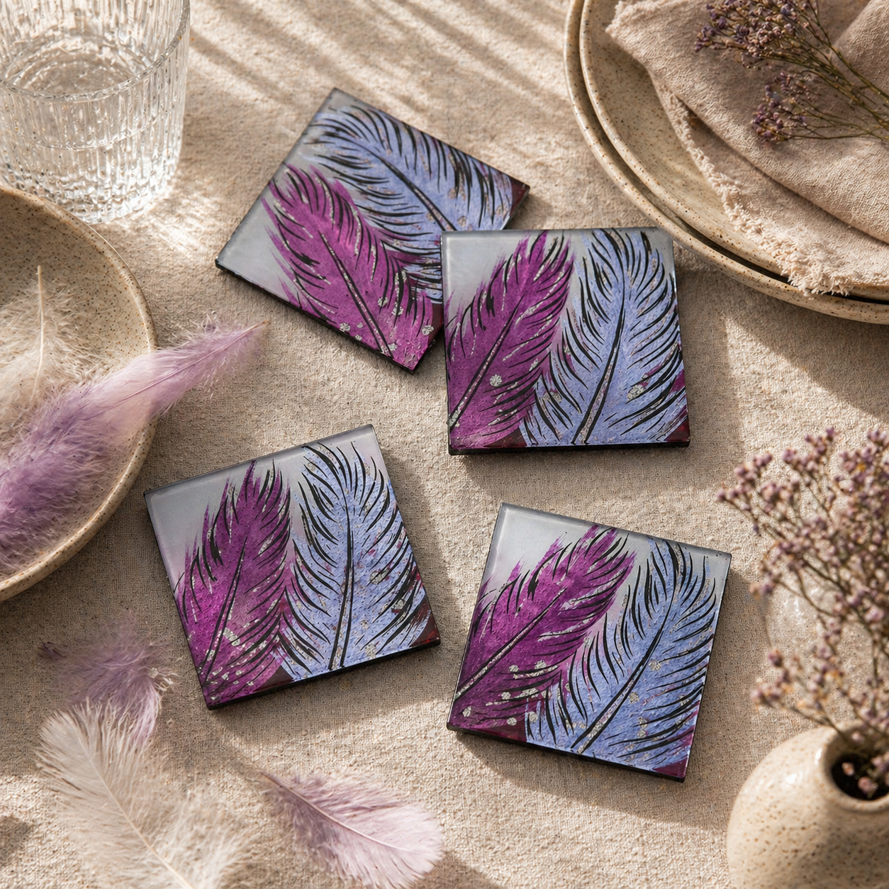 Set of 4 Glass Coasters – Whispering Feather Violet (Handmade Fused Glass)