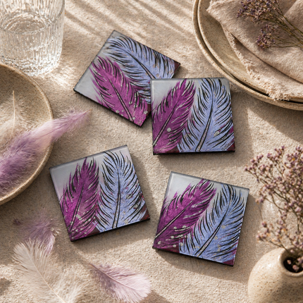 Set of 4 Glass Coasters – Whispering Feather Violet (Handmade Fused Glass)